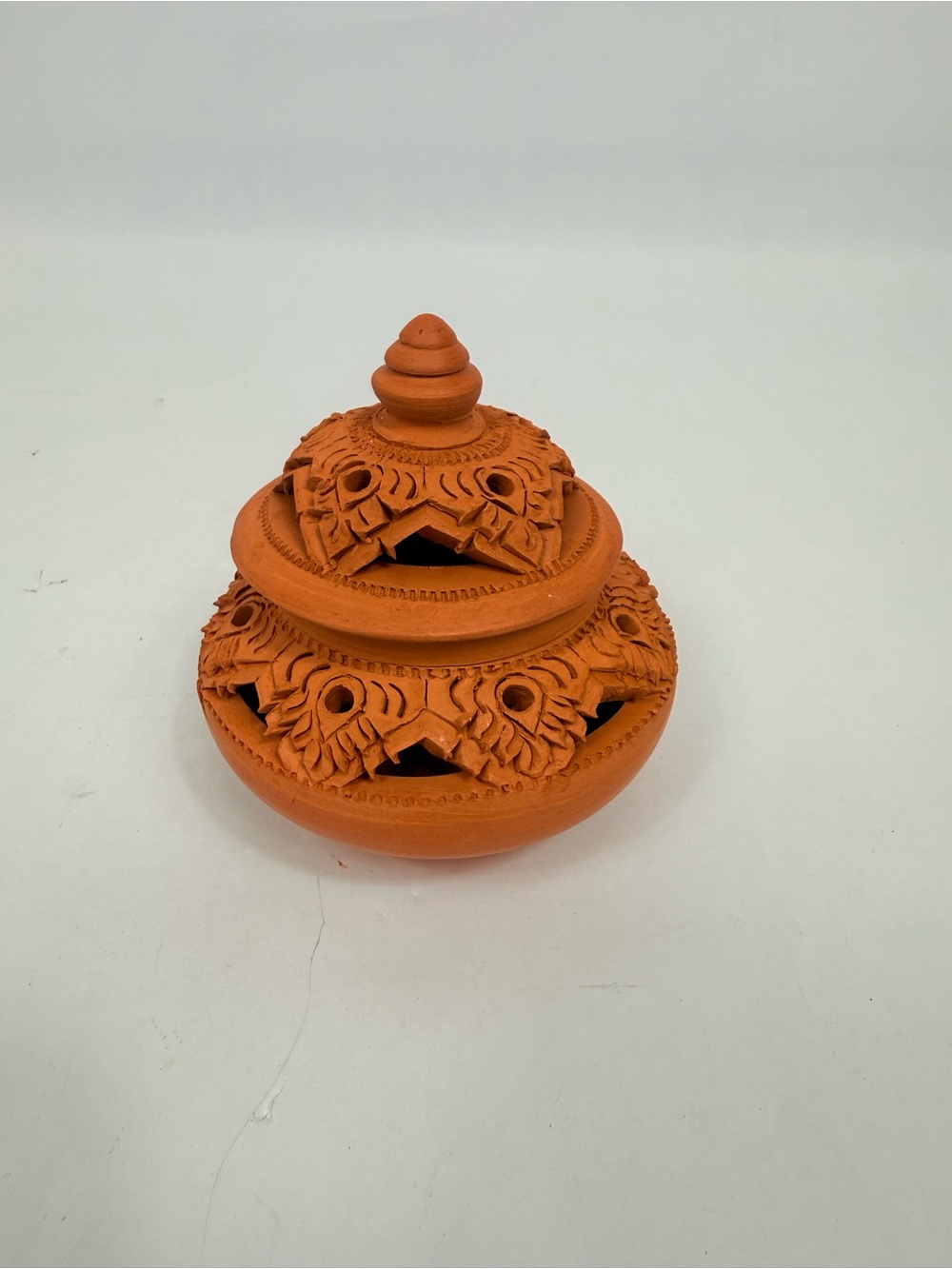 Handcrafted Terracotta Carved Lidded Jar - Orange